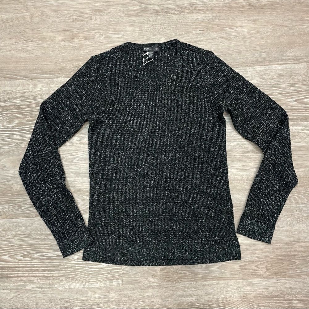 Eileen Fisher Wool Black Metallic Lightweight Crew Neck Sweater Size XS
